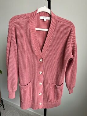 LOFT Dusty Rose Ribbed Cardigan Button Front Long Sleeve Soft Knit Size L